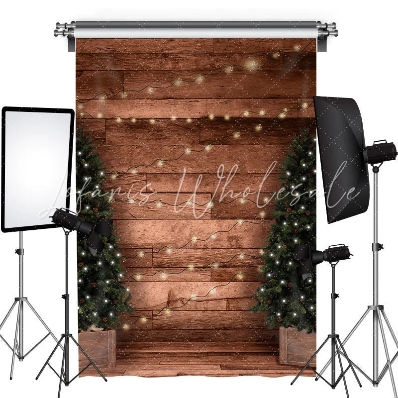 Lofaris Christmas Tree And Lights Wooden Brown Warm Theme Backdrop
