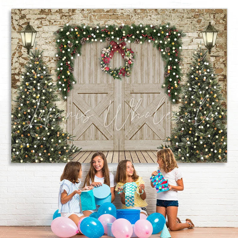 Lofaris Christmas Tree and Wooden Door Party Backdrop