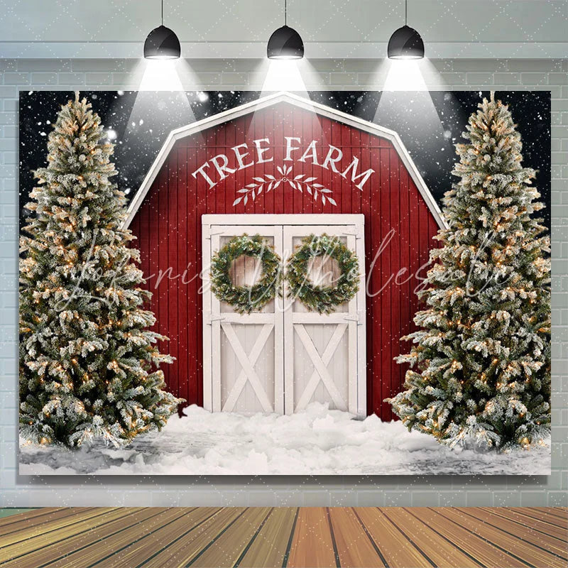 Lofaris Christmas Tree Farm Snow Red Wooden Cabin Backdrop