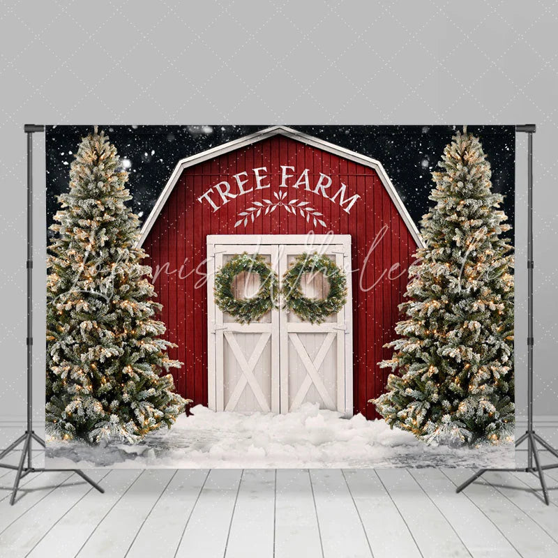 Lofaris Christmas Tree Farm Snow Red Wooden Cabin Backdrop