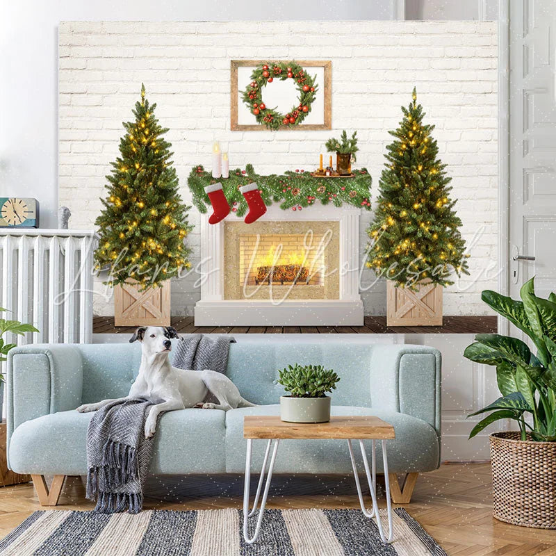 Lofaris Christmas Tree Fireplace White Brick Wall Party Backdrop