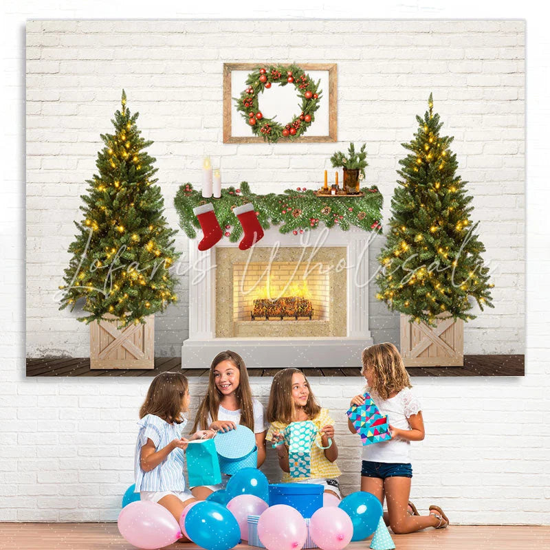 Lofaris Christmas Tree Fireplace White Brick Wall Party Backdrop