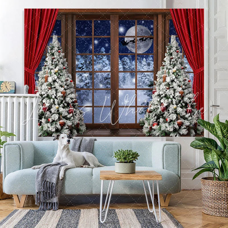 Lofaris Christmas Tree Red Curtain Wood Door Snow Moon Night Backdrop