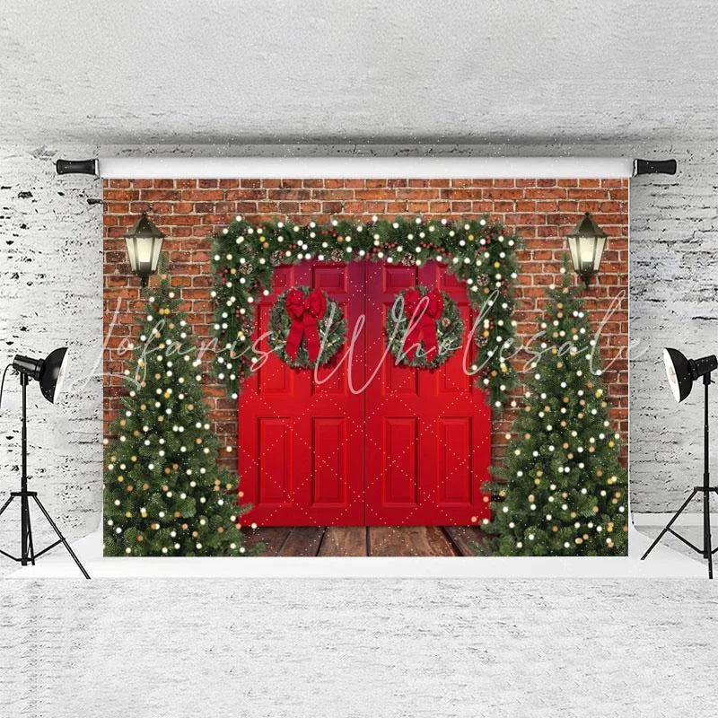 Lofaris Christmas Tree Red Door Light Brick Backdrops