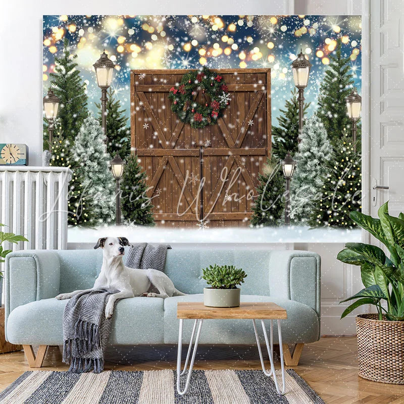 Lofaris Christmas Tree Winter Gold Glitter Wood Door Party Backdrop for Photos