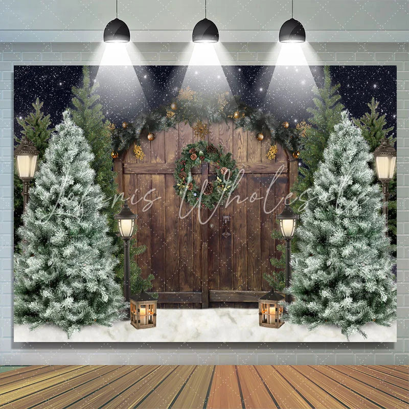 Lofaris Christmas Tree Winter Snow Wooden Door Backdrop for Photo