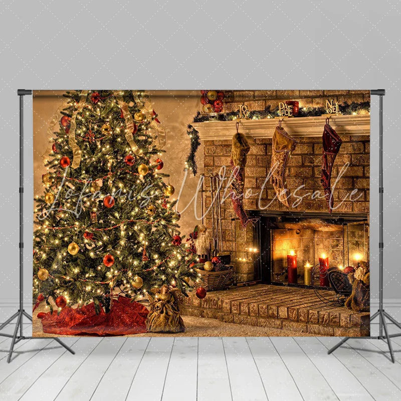 Lofaris Christmas Tree With Fireplace And Candles Backdrop