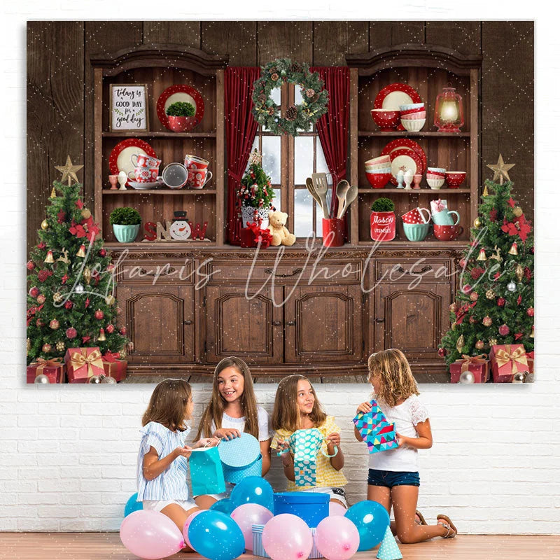 Lofaris Christmas Tree Wood Cupboard Red Backdrop for Party