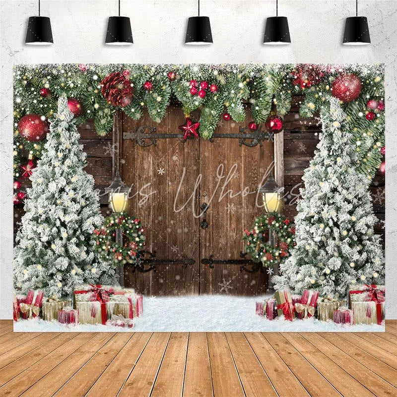 Lofaris Christmas Trees Gift Snowflake Wooden Door Backdrop