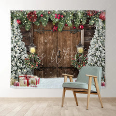 Lofaris Christmas Trees Gift Snowflake Wooden Door Backdrop