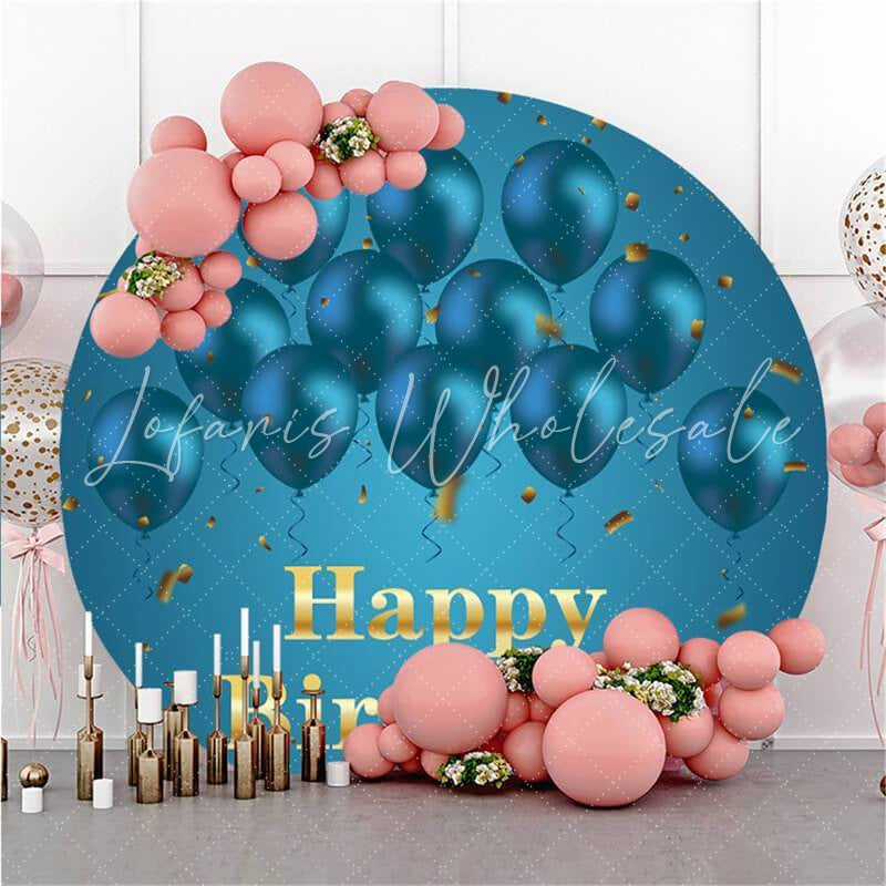 Lofaris Circle Blue Balloons Gold Happy Birthday Backdrop