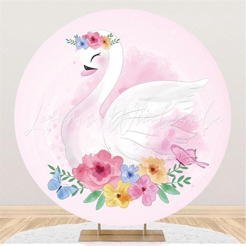Lofaris Circle Cartoon Swan Pink Floral Butterfly Round Party Backdrops