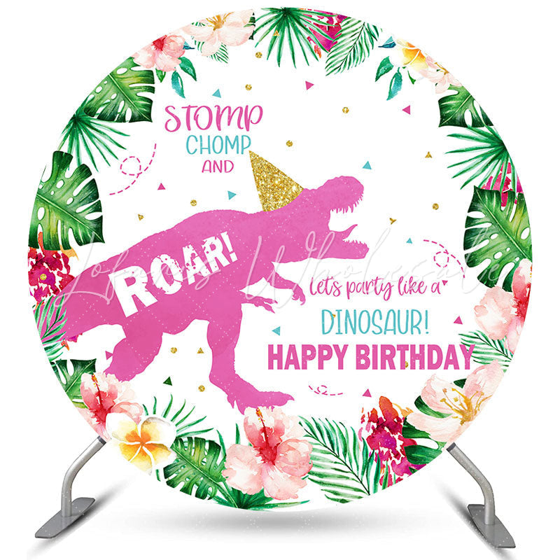 Lofaris Circle Flower Pink Red Dinosaur Happy Birthday Backdrop