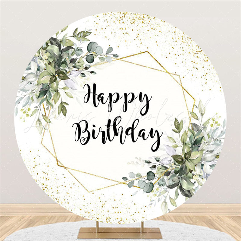 Lofaris Circle Green Leaves Glitter Happy Birthday Backdrop