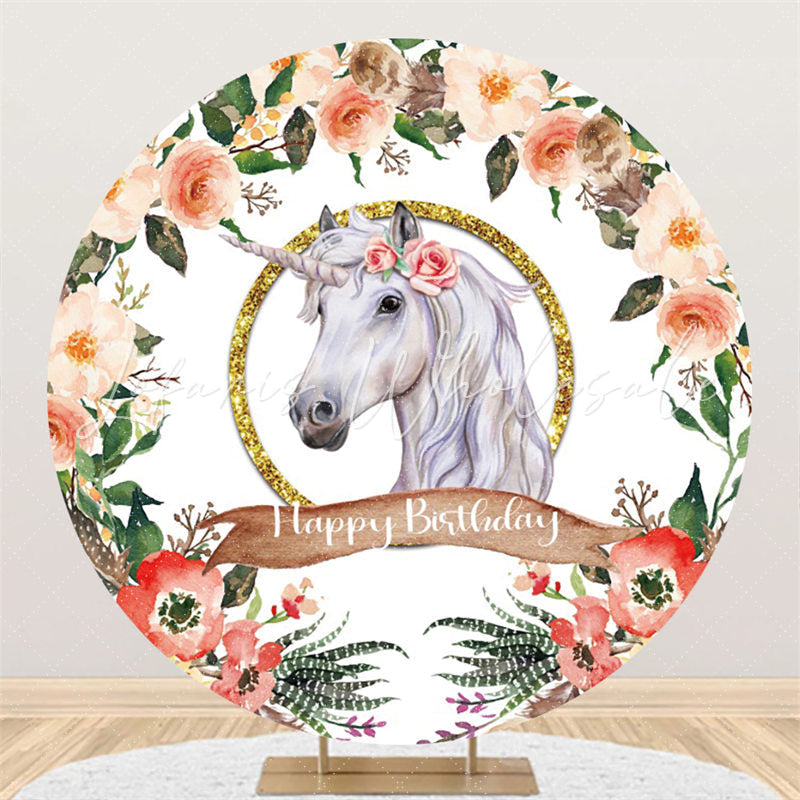 Lofaris Circle Horse And Flower Theme Happy Birthday Backdrop