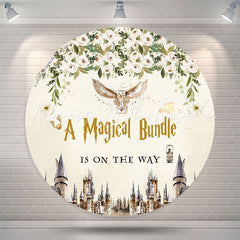 Lofaris Circle Owl Letter Floral Beige Baby Shower Backdrop