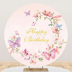 Lofaris Circle Pink Floral And Butterfly Happy Birthday Backdrop