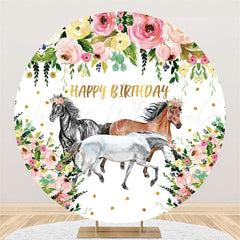 Lofaris Circle Pink Floral And Horse Happy Birthday Backdrop
