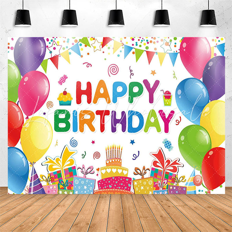 Lofaris Colorful Balloons Gift Cake White Birthday Backdrop