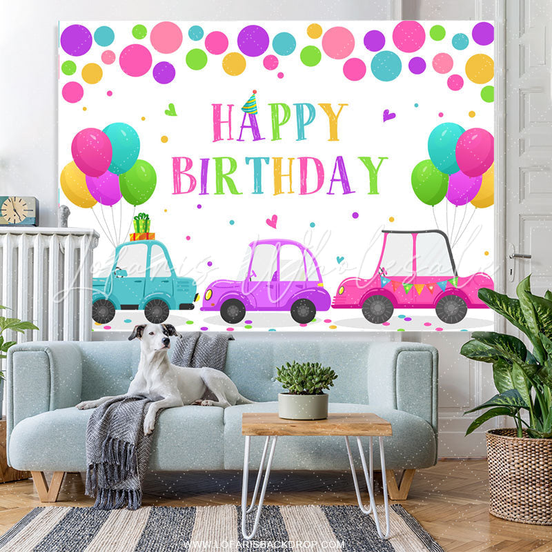 Lofaris Colorful Dots And Balloons Car Happy Birthday Backdrop