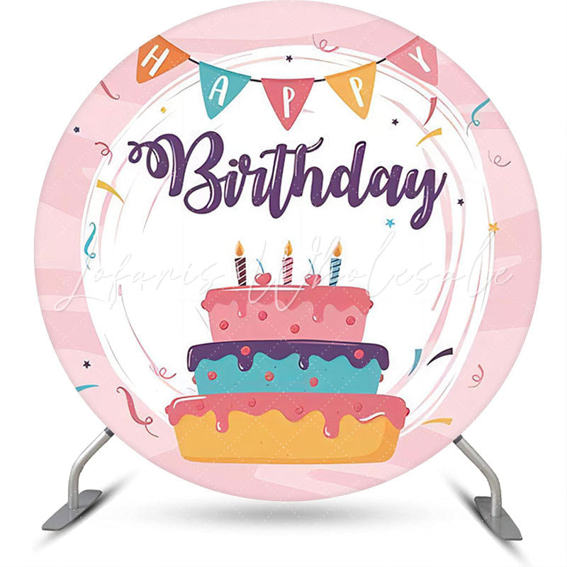 Lofaris Colors Cake Pink Ribbons Round Birthday Backdrop