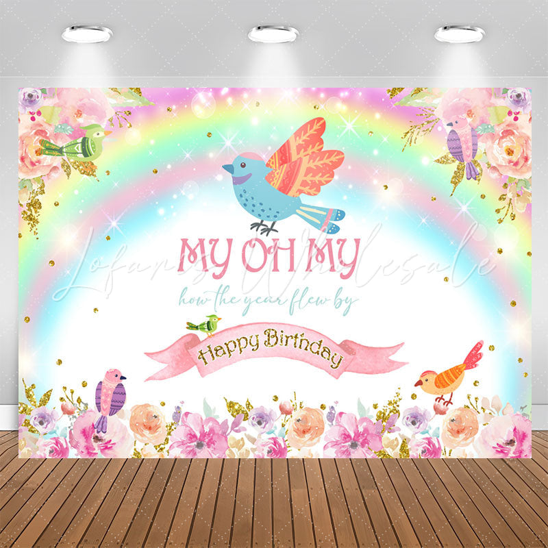 Lofaris Colourful Floral Birds Rainbow Birthday Backdrop