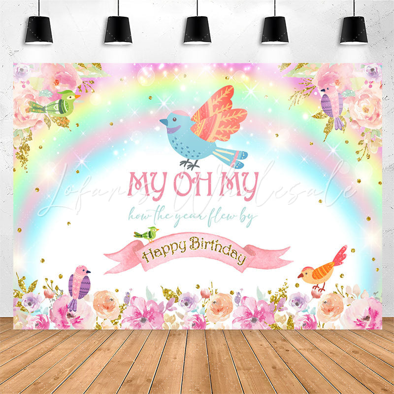 Lofaris Colourful Floral Birds Rainbow Birthday Backdrop