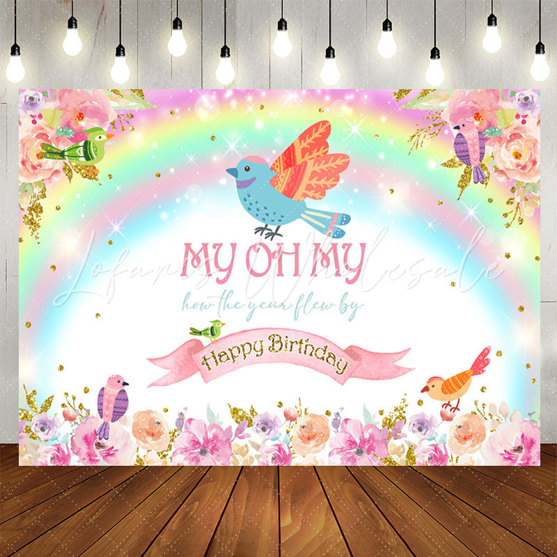 Lofaris Colourful Floral Birds Rainbow Birthday Backdrop