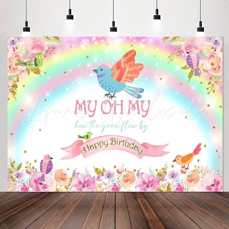 Lofaris Colourful Floral Birds Rainbow Birthday Backdrop