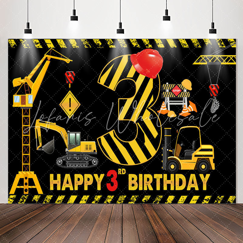 Lofaris Construction Theme Black Happy 3rd Birthday Backdrop