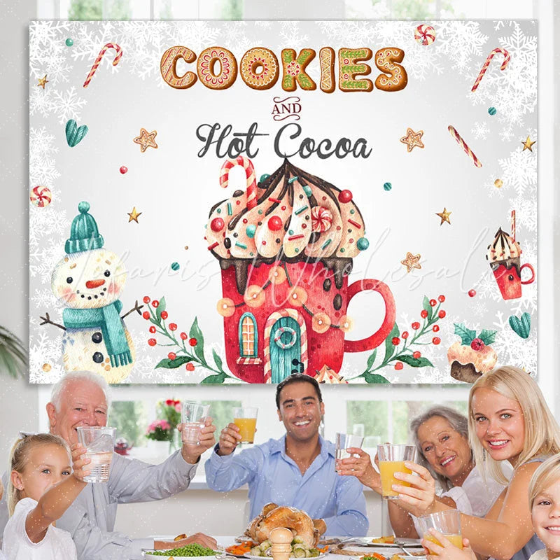 Lofaris Cookies and Hot Cocoa Cute Snowman Winter Backdrop
