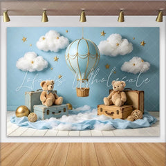 Create Blue Hot Air Balloon Baby Shower Backdrop with Clouds Stars and Teddy Bears Dreamy Photography Background for Newborn Party