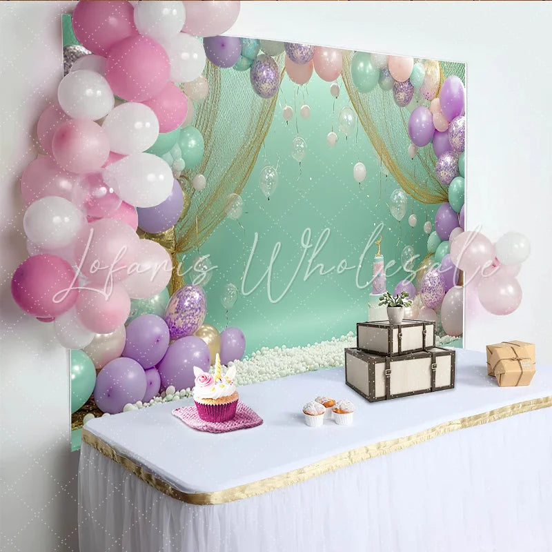 Create Pastel Balloon Birthday Backdrop with Cake Smash Decor Mint Green Party Background for First Birthday Photoshoot