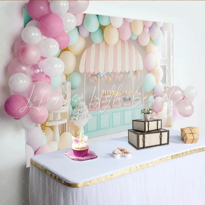 Create Pastel Balloon Dessert Cart Birthday Backdrop Whimsical Party Decor for Cake Smash Photoshoot