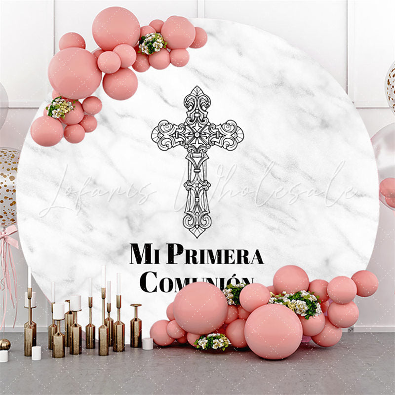 Lofaris Cross Marble Texture Happy Birthday Round Backdrop