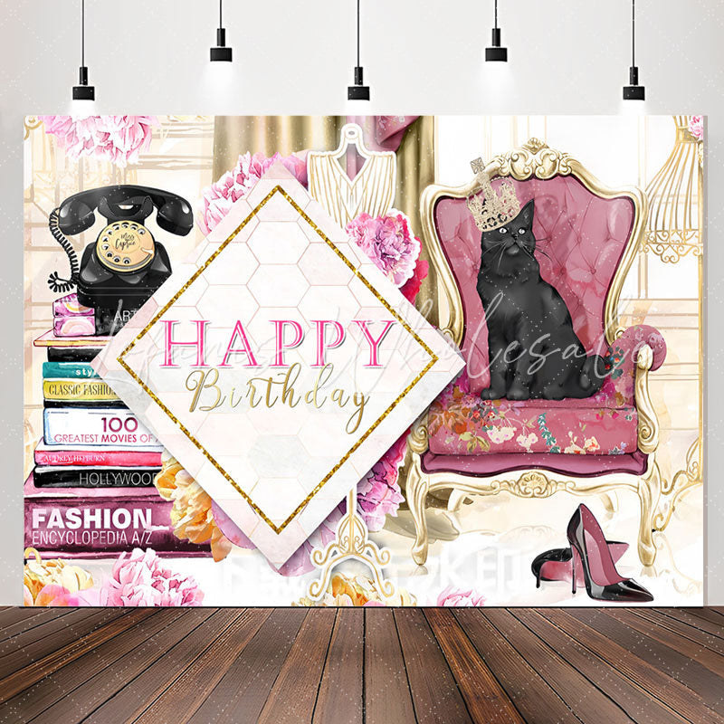 Lofaris Crown Cats Books Floral Birthday Backdrop For Women
