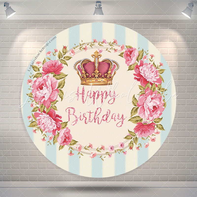 Lofaris Crown Pink Wreath Blue White Stripe Birthday Backdrop