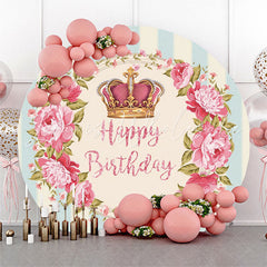 Lofaris Crown Pink Wreath Blue White Stripe Birthday Backdrop
