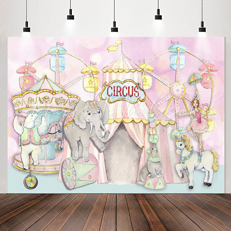 Lofaris Cute Animals Sky Wheel Circus Pink Party Backdrop