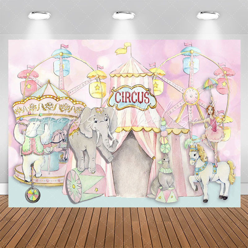 Lofaris Cute Animals Sky Wheel Circus Pink Party Backdrop