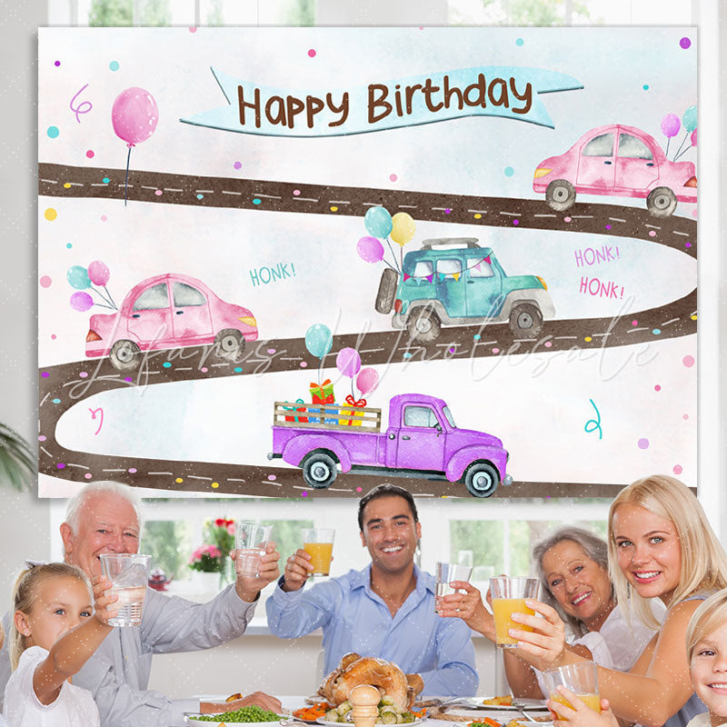 Lofaris Cute Car And Balloons Happy Birthday Backdrop For Party