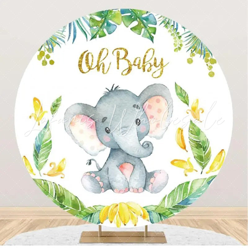 Lofaris Cute Elephant Green Leaf Round Baby Shower Backdrop