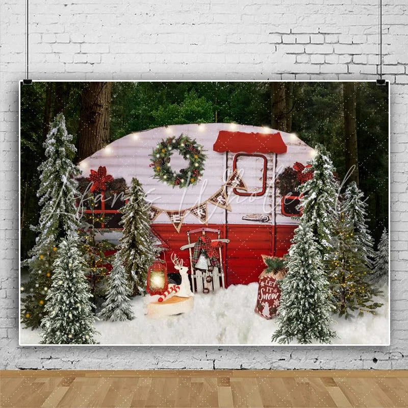 Lofaris Cute Glitter Motorhome Snow Christmas Tree Party Backdrop