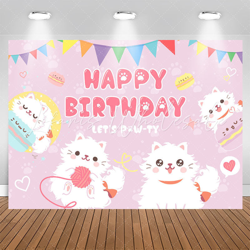 Lofaris Cute White Cats Lets Pawty Purple Birthday Backdrop