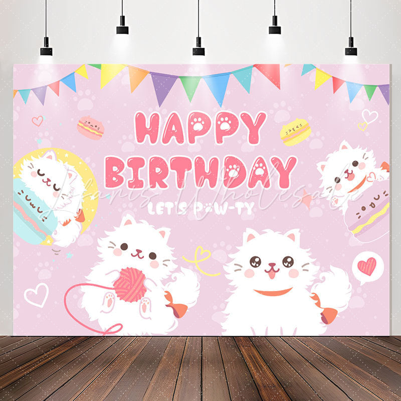 Lofaris Cute White Cats Lets Pawty Purple Birthday Backdrop
