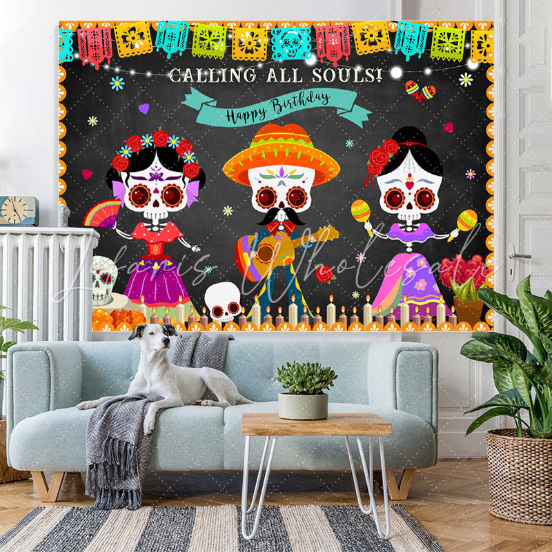 Lofaris Dancing Skeleton Mexican Fiesta Happy Birthday Backdrop
