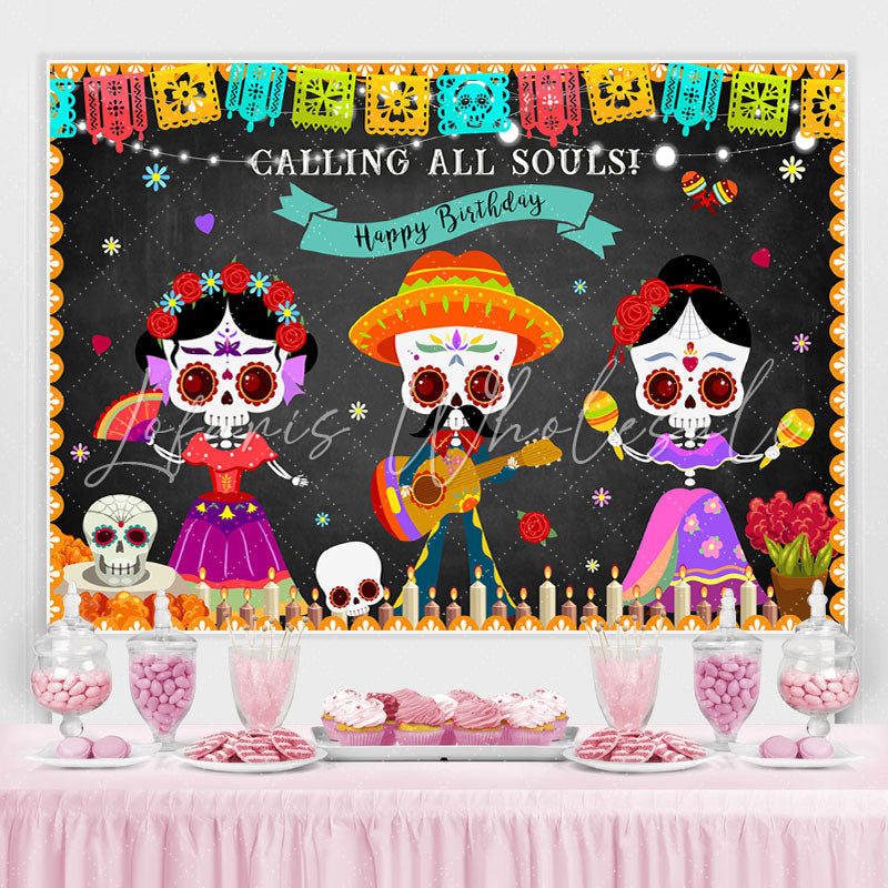 Lofaris Dancing Skeleton Mexican Fiesta Happy Birthday Backdrop