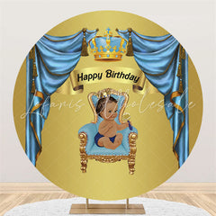 Lofaris Dark Blue Curtain Gold Round Happy Birthday Backdrop