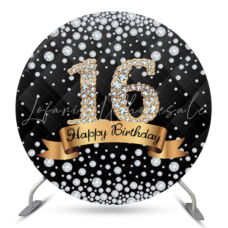 Lofaris Diamond Black Gold Happy 16th Birthday Round Backdrop