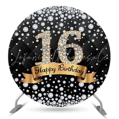 Lofaris Diamond Black Gold Happy 16th Birthday Round Backdrop